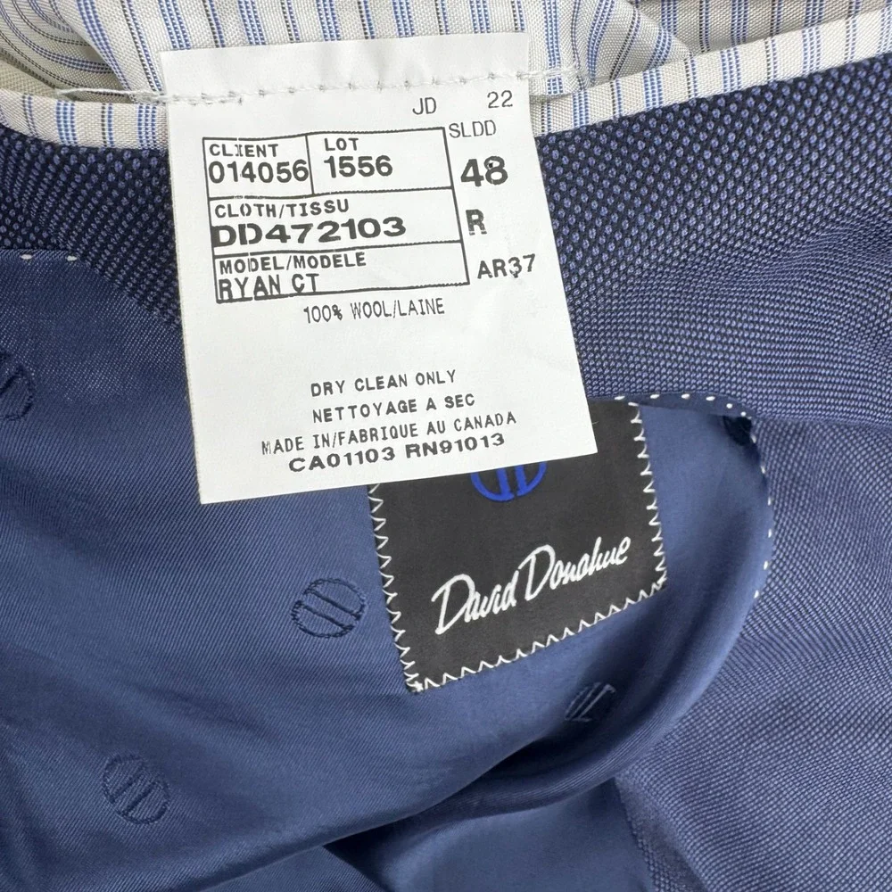 David Donahue Ryan CT Blue 100% Wool Blazer Sport Coat Men 48R Made in Canada